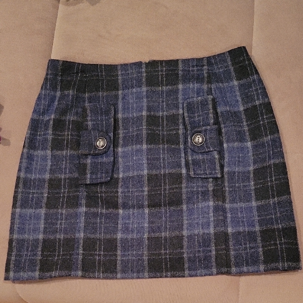 Blue Plaid Mini Skirt with Front Flap Pockets